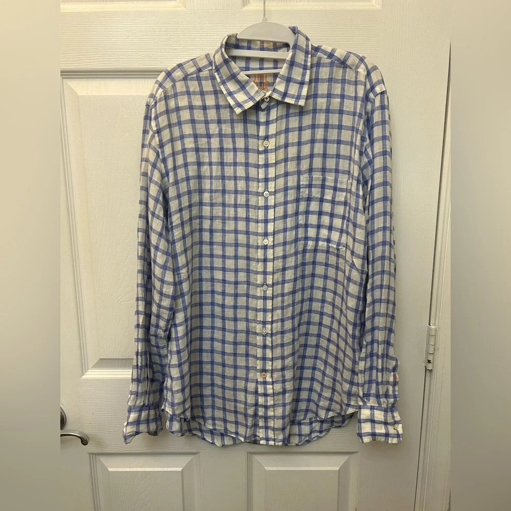 ! LIKE NEW J. McLaughlin Men’s Linen Button Down Blue Gingham Plaid size M…